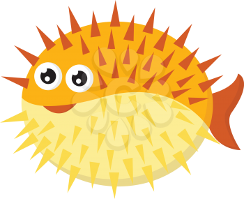 A yellow-colored cartoon hedgehog fish with long spines all over its circular-shaped body has two bulging eyes vector color drawing or illustration 