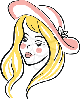 A yellow-haired girl wearing a rose hat designed with three leaves painted her lips in pink color look pretty and beautiful vector color drawing or illustration 