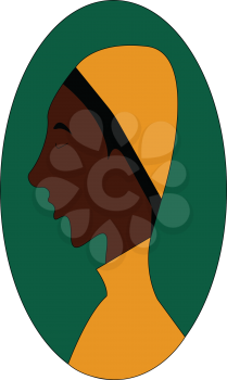 The side face of a brown boy with a yellow hat over egg-shaped green background in yellow costume has a long pointed chin is standing while eyes closed vector color drawing or illustration 