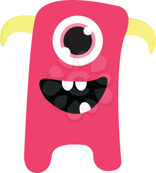 Cute smiling pink one-eyed monster with yellow horns vector illustration on white background