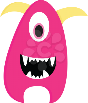 Cute smiling pink one-eyed monster with yellow horns vector illustration on white background