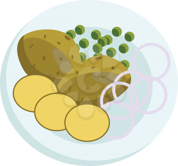 Vector illustration of a plate with potatos beans and onions on a white background