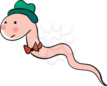 Pink worm with green hat and red bow tie vector illustration on white background