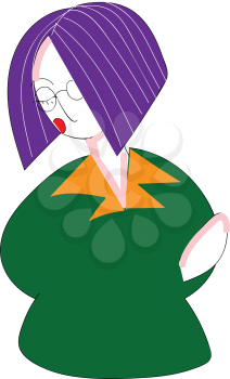 Abstract vector illustration on white background of a girl with purple hair ina green sweater with yellow collar and round glasses