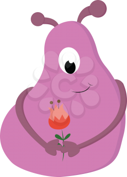 Pink smiling one-eyed blob monster holding a red flower vector illustration on white background