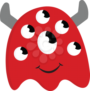 Happy red monster with many eyes and grey horns vector illustration on  white background