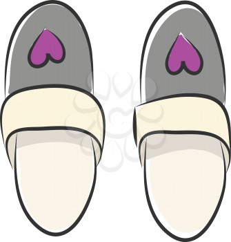 Pair of grey slippers with a purple heart vector illustration on white background
