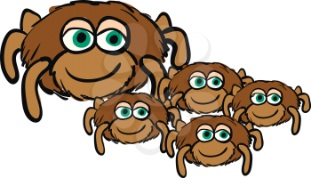 Cute cartoon of a spider mom with her four spider children vector illustration on white background