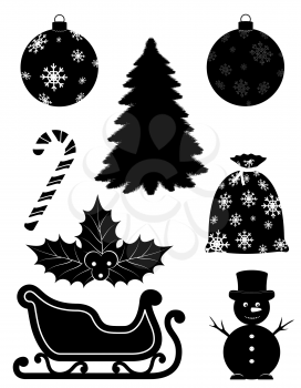christmas objects set icons black outline silhouette stock vector illustration isolated on white background