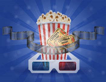 cinema concept popcorn film tickets and 3d glasses for viewing stock vector illustration
