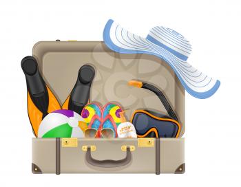 suitcase and items for a beach holiday concept stock vector illustration isolated on white background