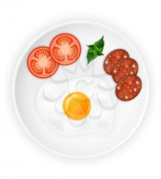 fried roast egg and sausages on a plate with vegetables stock vector illustration isolated on white background