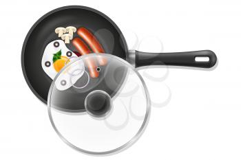 fried roast egg and sausages in a pan skillet with vegetables stock vector illustration isolated on white background