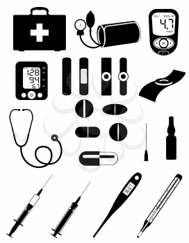 medical set icons equipment tools and objects black outline silhouette stock vector illustration isolated on white background