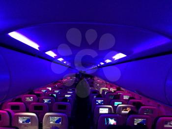 Airplane interior horizontal night time and blue