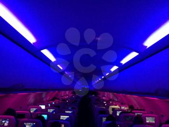 Airplane interior horizontal with blue light perspective
