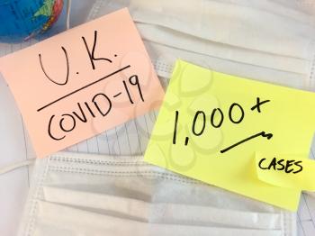 UK Coronavirus COVID-19 infection medical cases and deaths United Kingdom. China COVID respiratory disease influenza virus statistics hand written on surgical mask and earth globe background