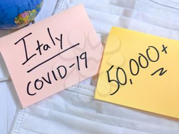 Coronavirus COVID-19 Italy infection medical cases and deaths. China COVID respiratory disease influenza virus statistics hand written on surgical mask and earth globe background