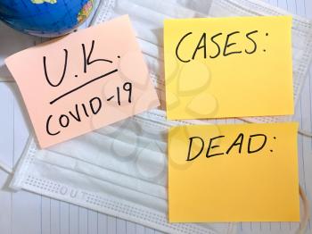 Coronavirus COVID-19 United Kingdom infection medical cases and deaths. China COVID respiratory disease influenza virus statistics hand written on surgical mask and earth globe background