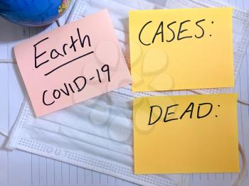 Coronavirus COVID-19 Earth infection medical cases and deaths. China COVID respiratory disease influenza virus statistics hand written on surgical mask and earth globe background