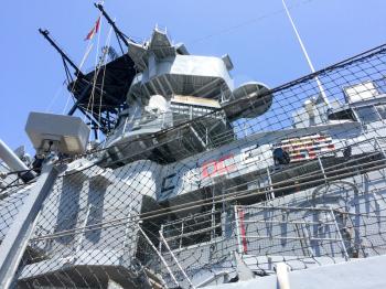 Battleship navy birds nest steel tower on USS Iowa naval warship destroyer battleship