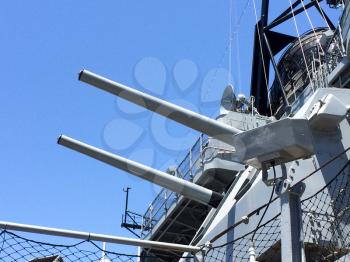 Naval militray guns on war ship destroyer battleship USS Iowa