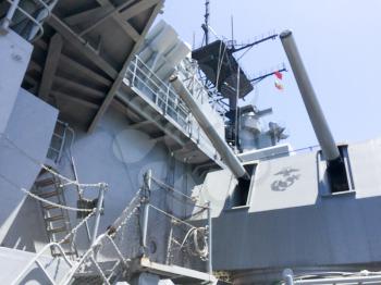 Long range navy guns and turret on USS Iowa naval warship destroyer battleship