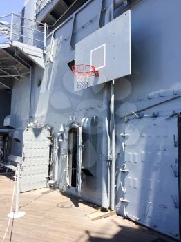 Basketball hoop and net navy recreation on USS Iowa naval warship destroyer battleship