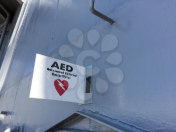 AED automated external defibrillator emergency cardiac heart attack sign on USS Iowa naval warship destroyer battleship