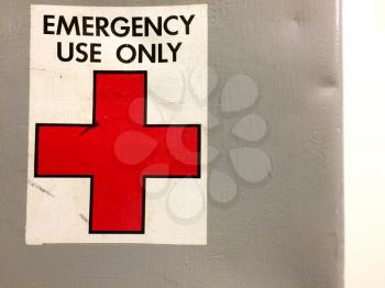 Emergency use only red cross medical sign background concept on USS Iowa naval warship destroyer battleship