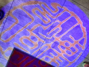Ancient Chinese caligraphy of Asia in purple and red projection