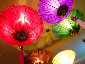 Asian chinese japanese lanterns celebrate in red green purple gold