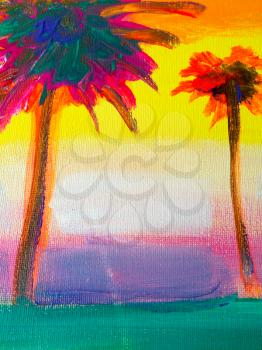 Abstract background painitng colorful island palm trees bright yellow color