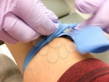 Arm needle syringe blood test sample draw procedure series with latex glove