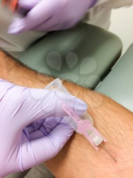 Arm needle syringe blood test sample draw procedure series with latex glove