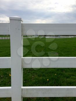 green grass with white vinyl fence and cut green mowed lawn