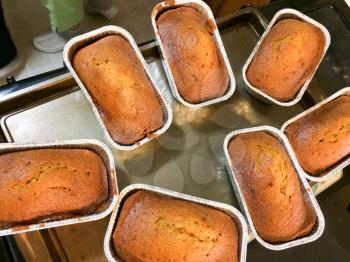 Cakes in foil pans home baking trays warm and delicious