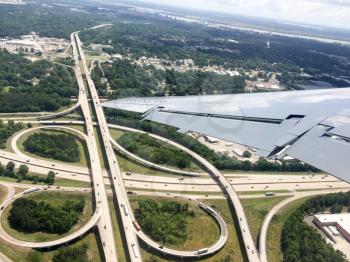 aerial view of freeway highway interstate exchange cloverleaf