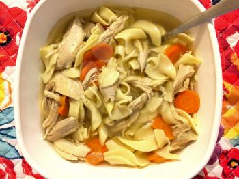 Chicken noodle soup overhaed view with carrot on homestyle floral table cloth