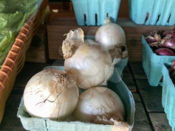 white onions in basket for sale farmers marketplace