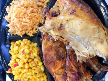 flame broiled bbq chicken with rice and corn el pollo loco style