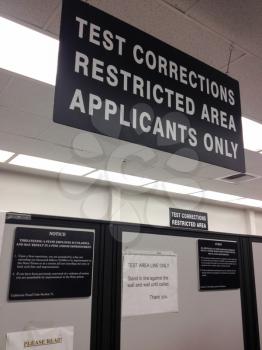 Department of motor vehicles DMV California America indoor office test corrections restricted area sign