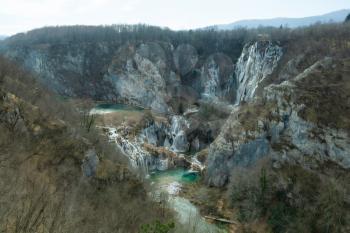 Plitvice Lakes National Park in winter, panoramic view