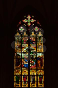 Cologne, Germany - 1 March 2019: Stained glass window of Cologne Cathedral