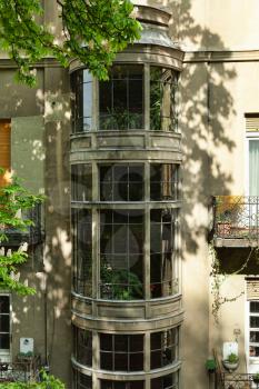 Budapest, Hungary - 4 May 2017: Architecture of Budapest of 1950s: bay window