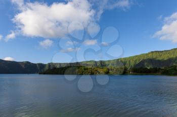 View of Lagoa Azul showing crater rim, Sete Cidades, Sao Miguel, Azores