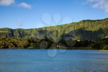 View of Lagoa Azul showing crater rim, Sete Cidades, Sao Miguel, Azores