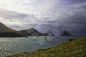 Sorvagsfjordur showing with Tindholmur and Drangarnir, Faroe Islands