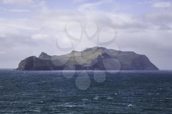 Mykines island close-up a view from Bour village, Vagar, Faroe Islands
