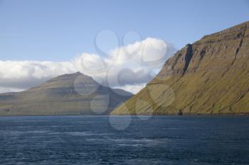 Kunoy and Kalsoy islands, view from ferry boat, Faroe